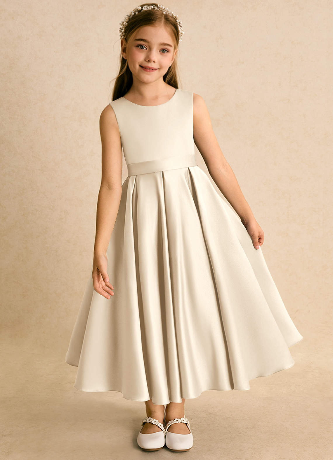 Azazie Junebuj vestidos de niña de las flores Vestido de Champán de Satin Mate de Princesa con Plisado image5