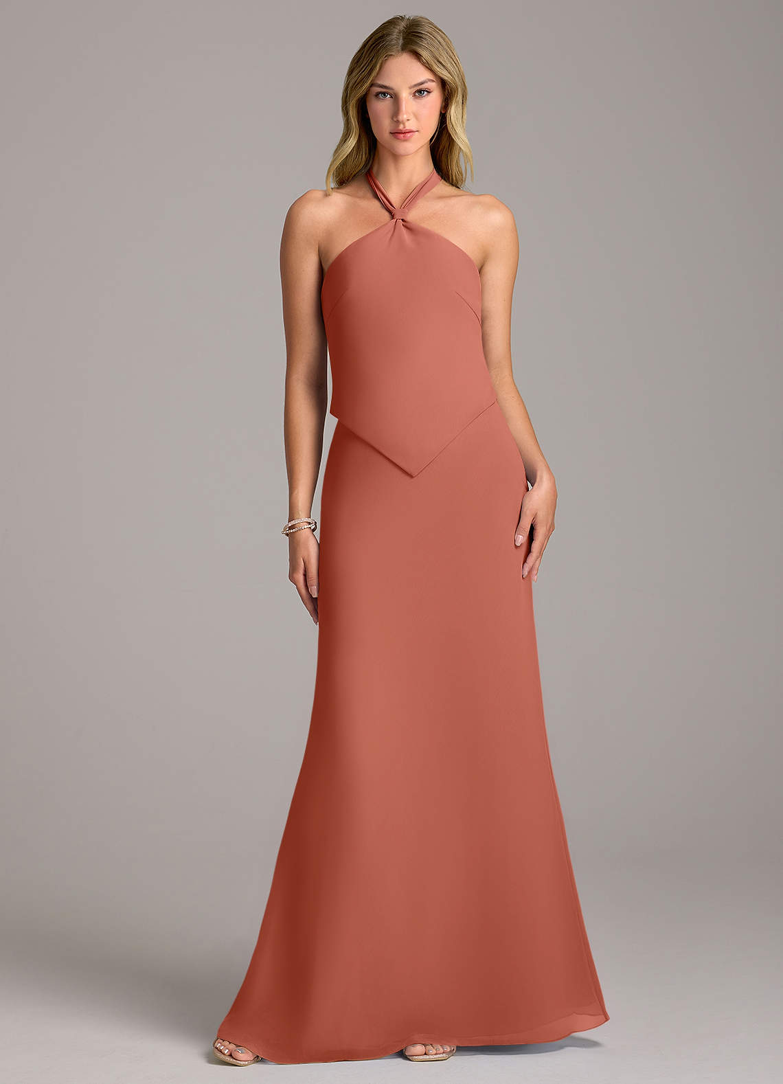 Azazie Keisha Bridesmaid Dresses Clay Sheath Chiffon Dress image1