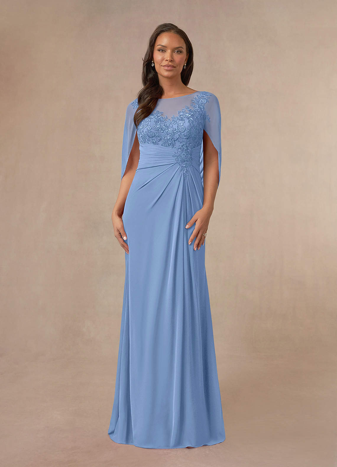 Azazie Hera At-home Try On Dresses Steel Blue A-Line Lace Capelet Chiffon Dress image1