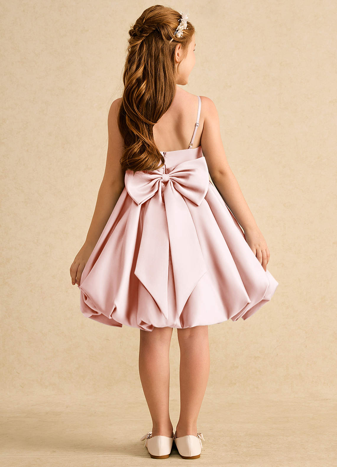 Azazie Davine vestidos de niña de las flores Vestido de Rosa Rubor de Satin Mate de Corte En A con Tirante Espagueti image7