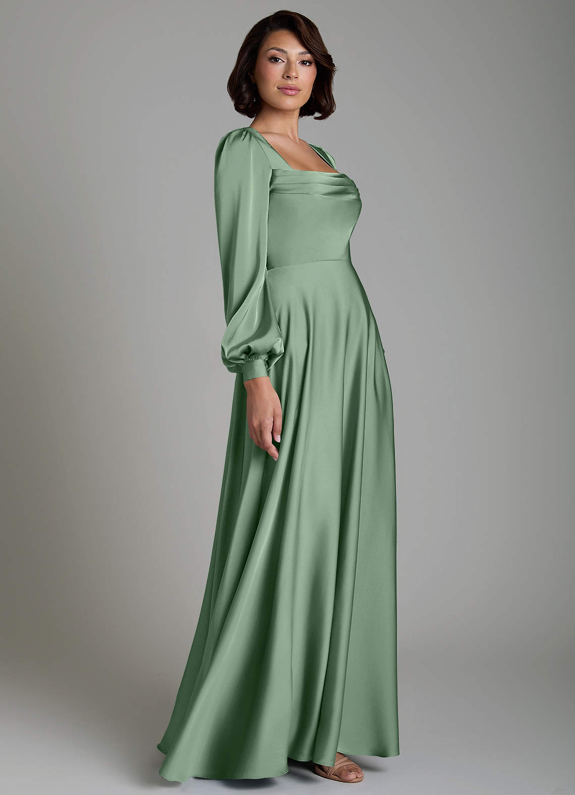 matcha bridesmaid dresses Azazie A-Line Square Neck Long Sleeve Floor-Length Stretch Satin view-all-women-s-wide-footwear Royal Blue Dresses | Size:36/S ruffle shoulder straps
