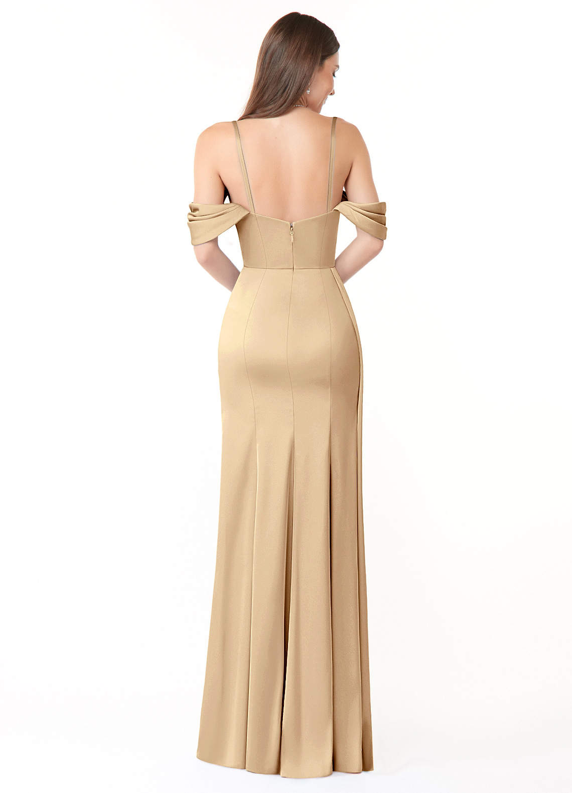 Azazie Amyra Bridesmaid Dresses Champagne Sheath Convertible Stretch Satin Dress image1