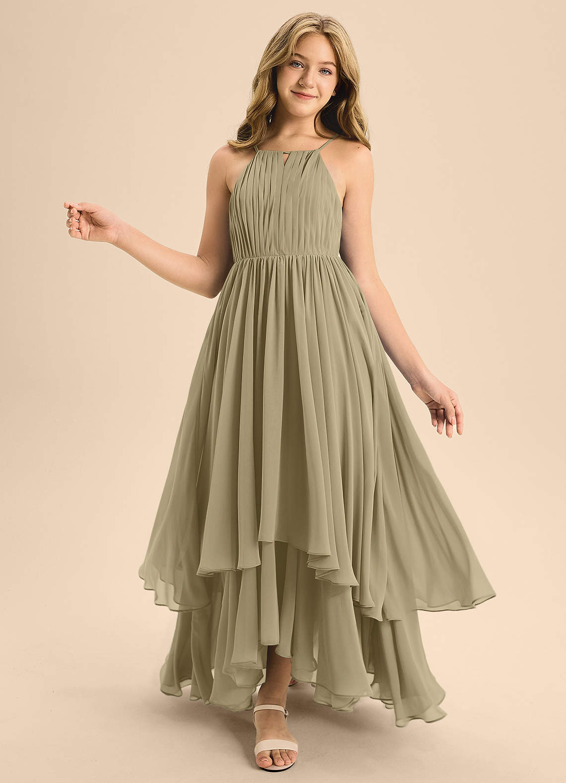 Azazie Elliora Junior A-Linie Plissee Chiffon Kleid Moosgrün image1