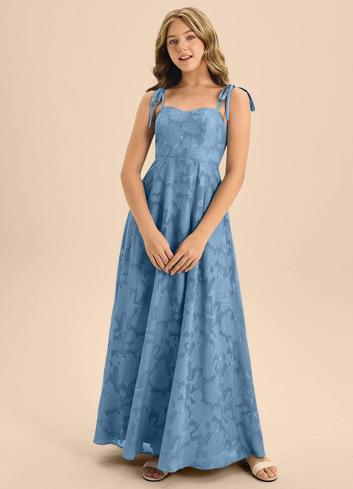 Azazie Rosey Junior Steel Blue A-Line Sweetheart Neckline Floral Burnout Dress image1