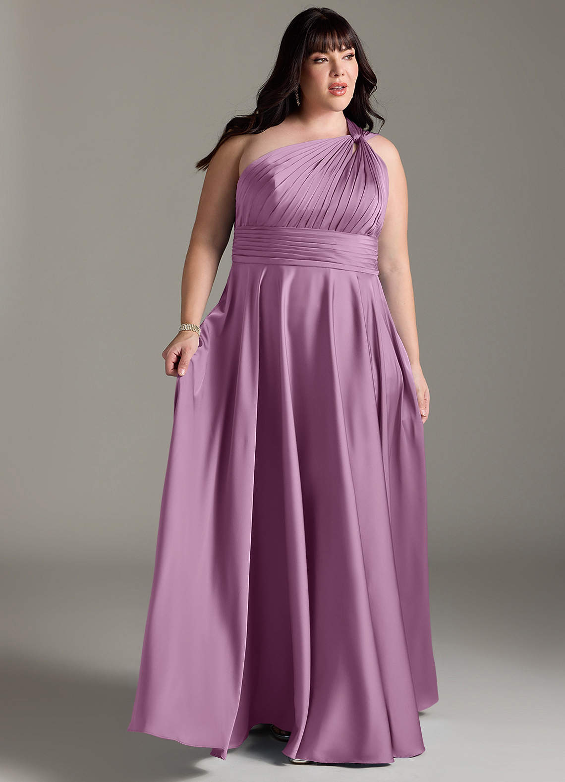Azazie Charlize Bridesmaid Dresses Wisteria A-Line One Shoulder Stretch Satin Dress image10