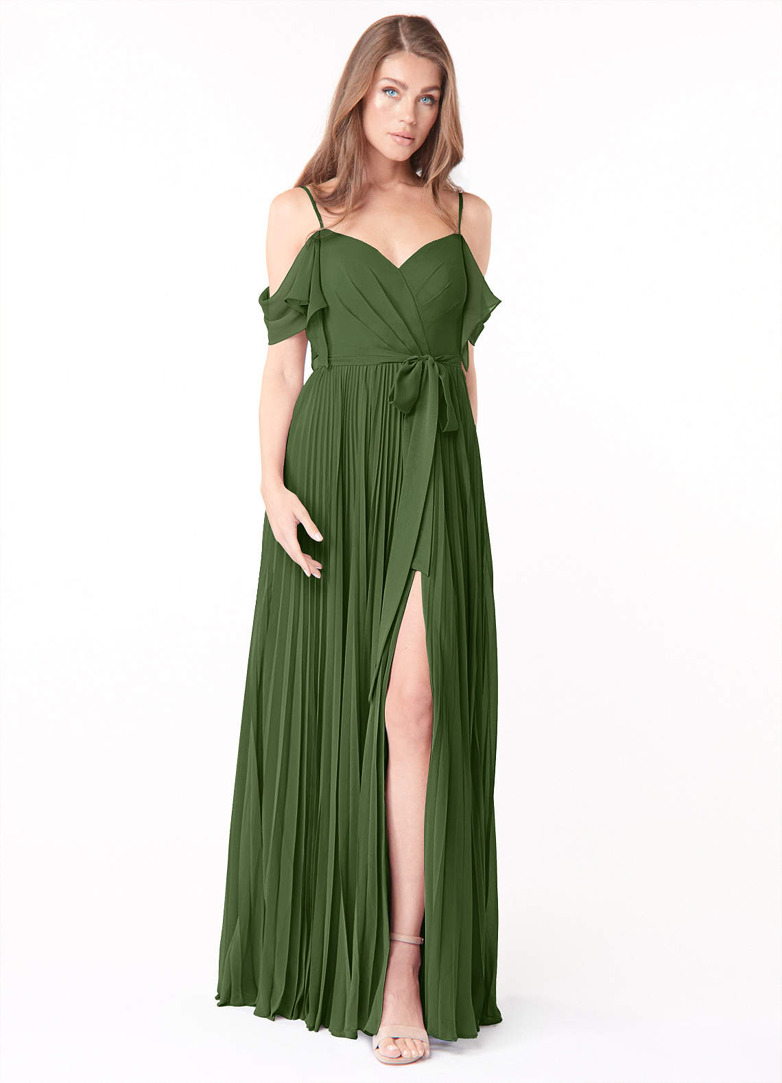 Azazie Lyney Jurken voor bruidsmeisjes Jurk van Chiffon met A-Lijn Off the Shoulder Olijf image1