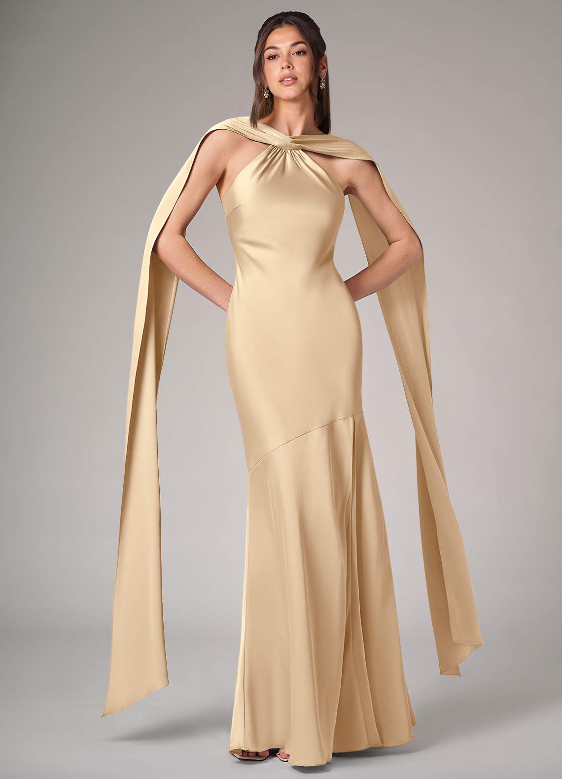 Azazie Kinsley Bridesmaid Dresses Champagne Mermaid Side Slit Stretch Satin Dress image1