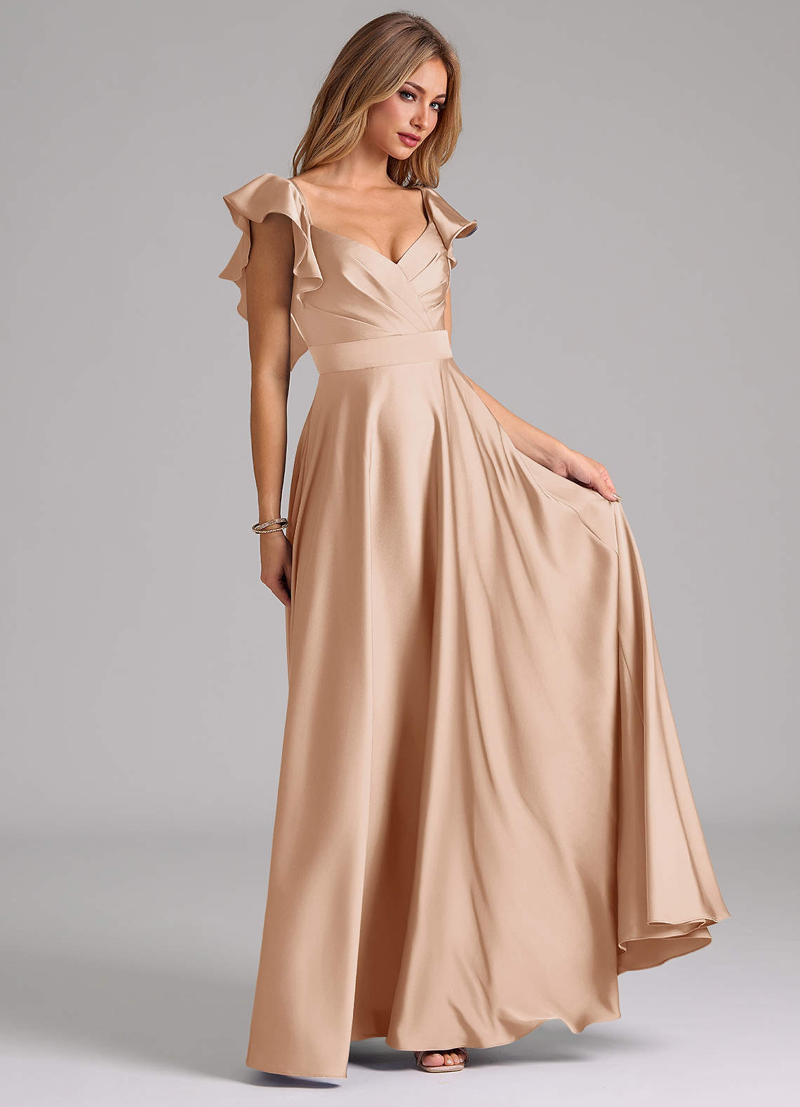 Azazie Leilani Bridesmaid Dresses English Rose A-Line Ruched Stretch Satin Dress image3