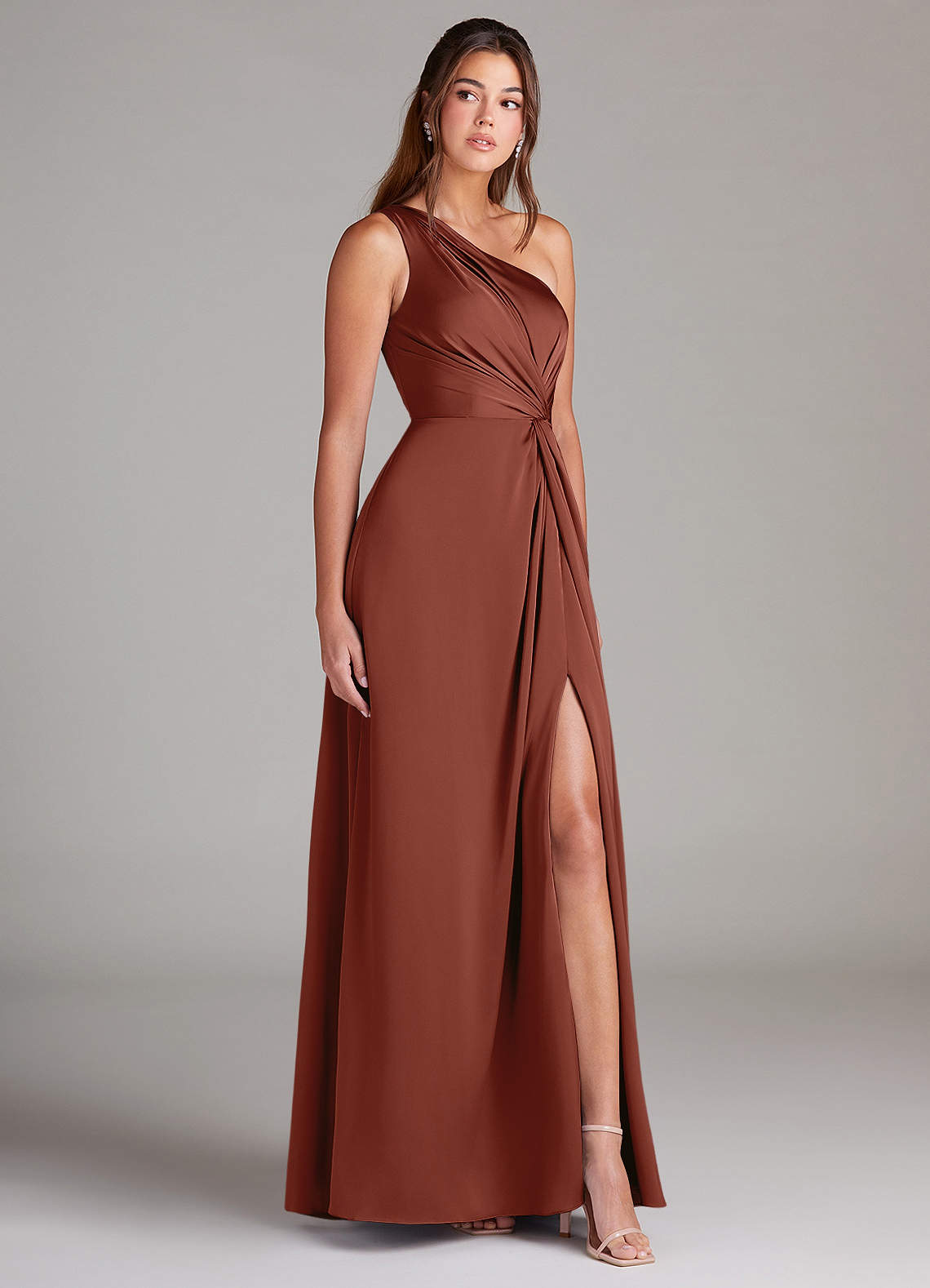 Azazie Brooke Bridesmaid Dresses Auburn A-Line One Shoulder Stretch Satin Dress image3