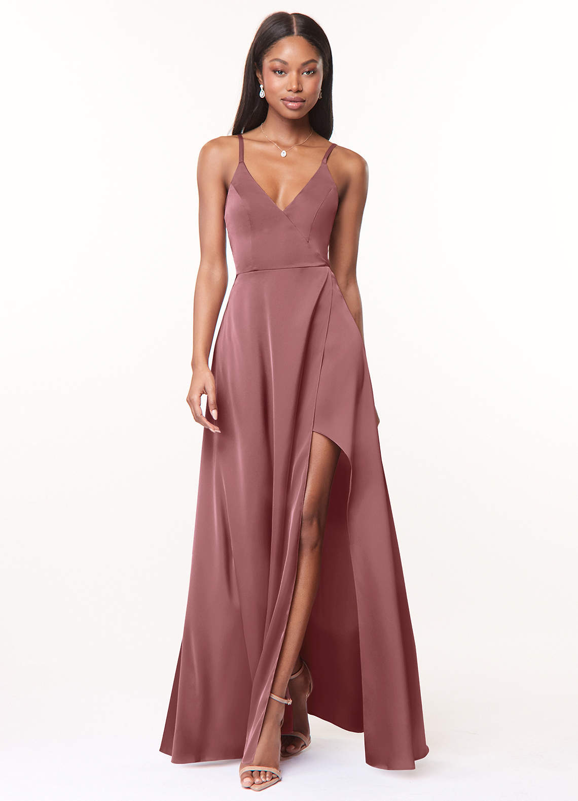Azazie Maksim Bridesmaid Dresses Amethyst A-Line V-Neck Stretch Satin Dress image1