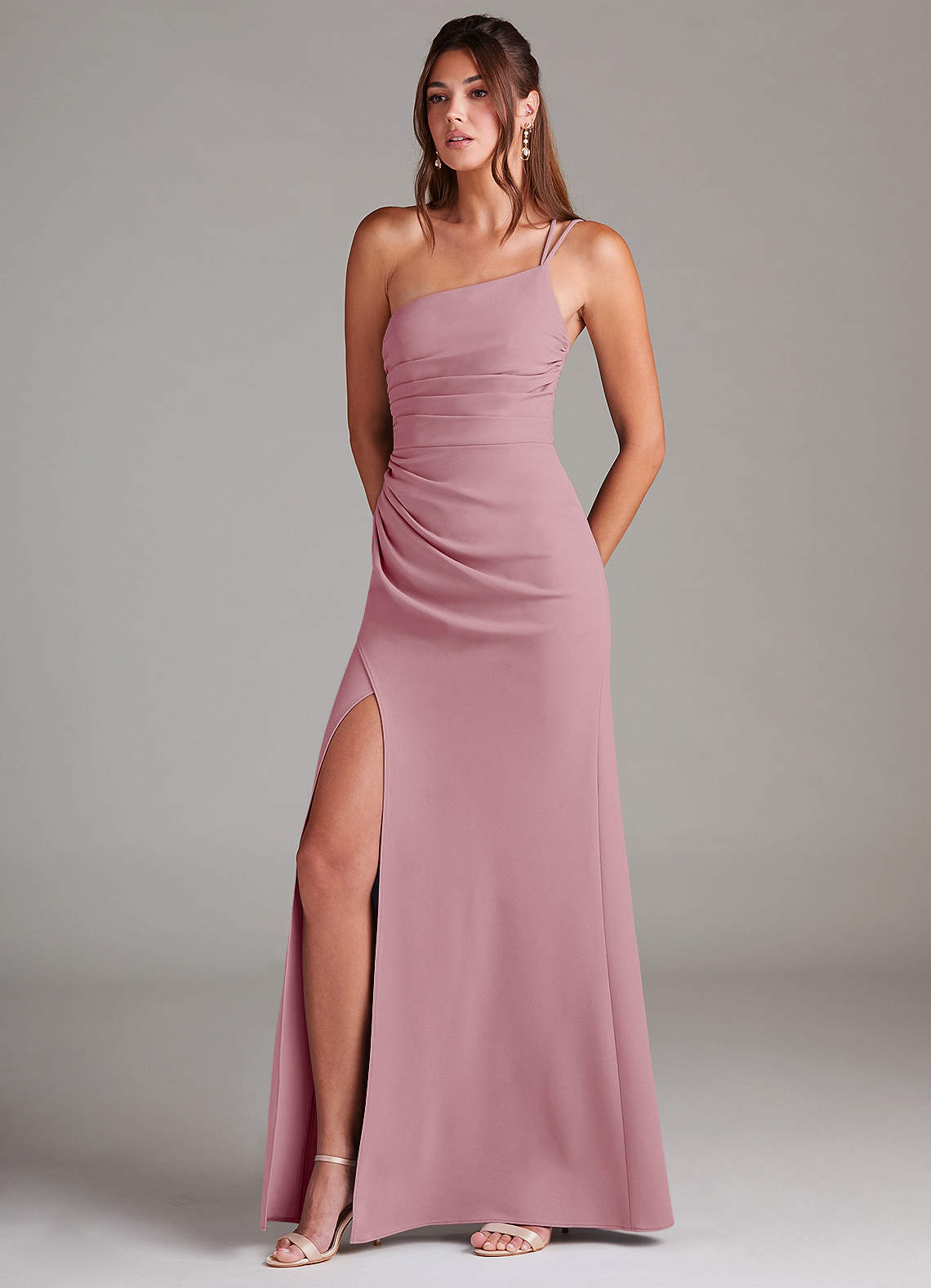 Azazie Eren Bridesmaid Dresses Vintage Mauve Sheath One Shoulder Stretch Crepe Dress image1
