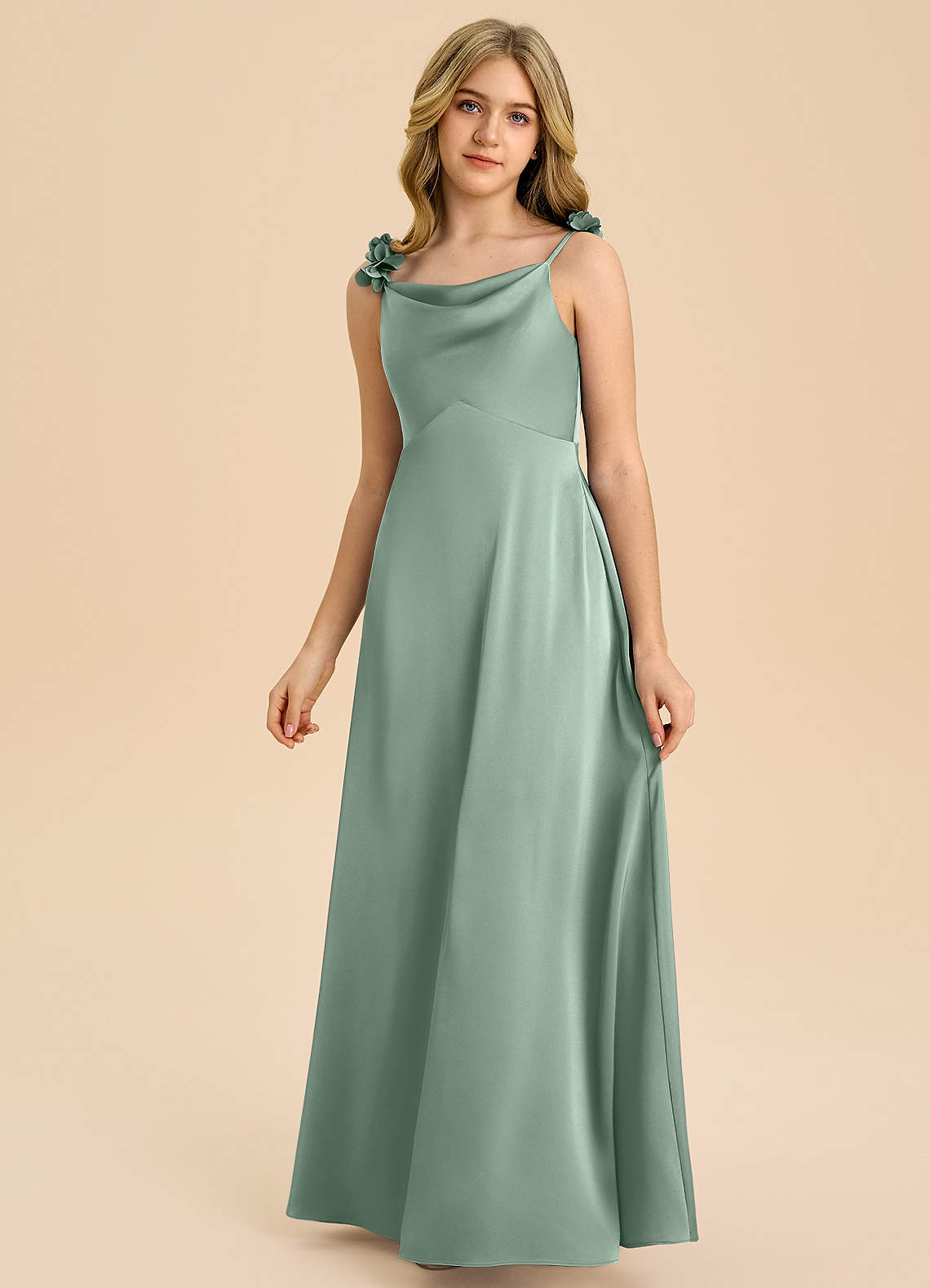 Azazie Gumdrop Junior Agave Empire Pleated Stretch Satin Dress image2