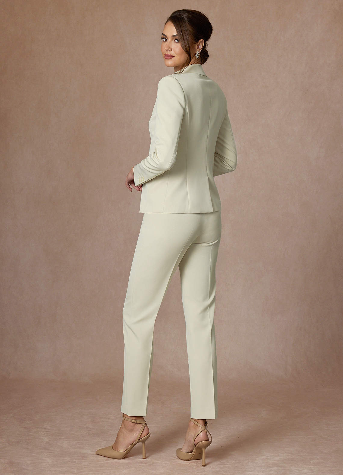 front Victoria Ivory Refined Weave Full Length Pants Suit