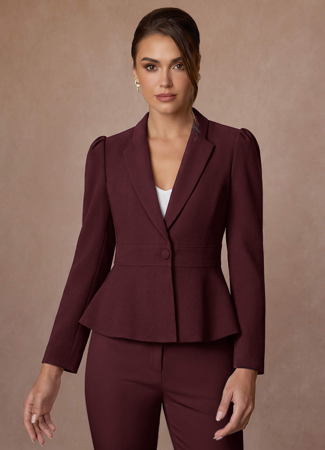 front Amara Cabernet Refined Weave Tailored Peplum Pantsuit