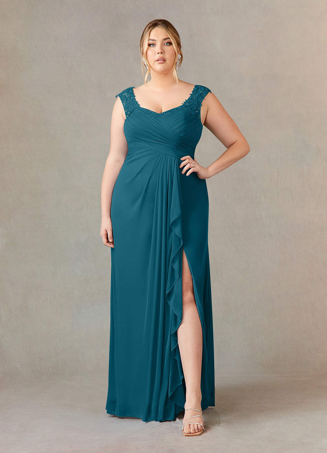 Azazie Edelin Kleider für die Brautmutter A-Linie Herzchen Ausschnitt Gefaltet Gittergewebe Kleid Tintenblau image1