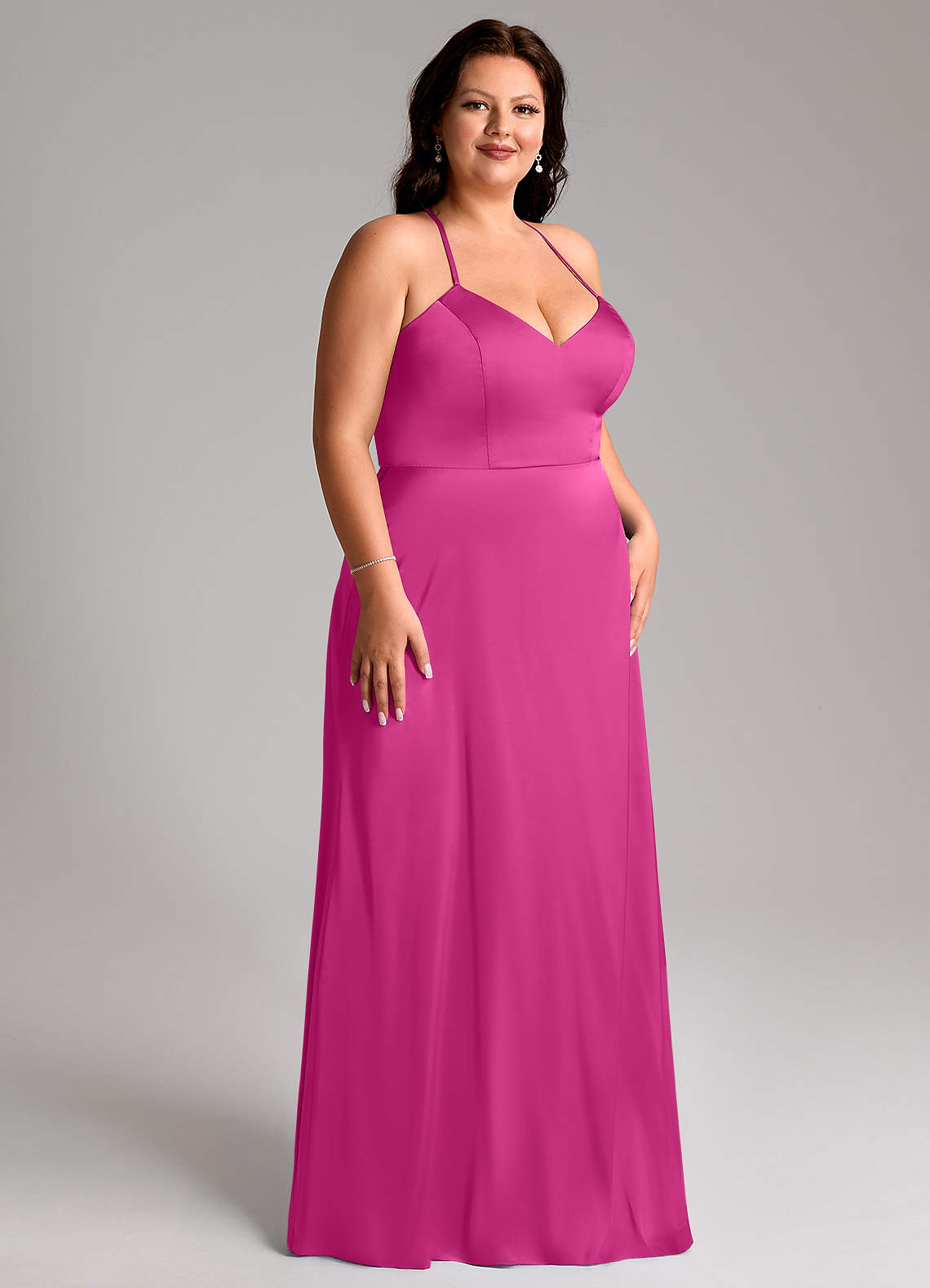 Azazie A-Line V-Neck Floor-Length Stretch Satin Bridesmaid Dresses fuchsia
