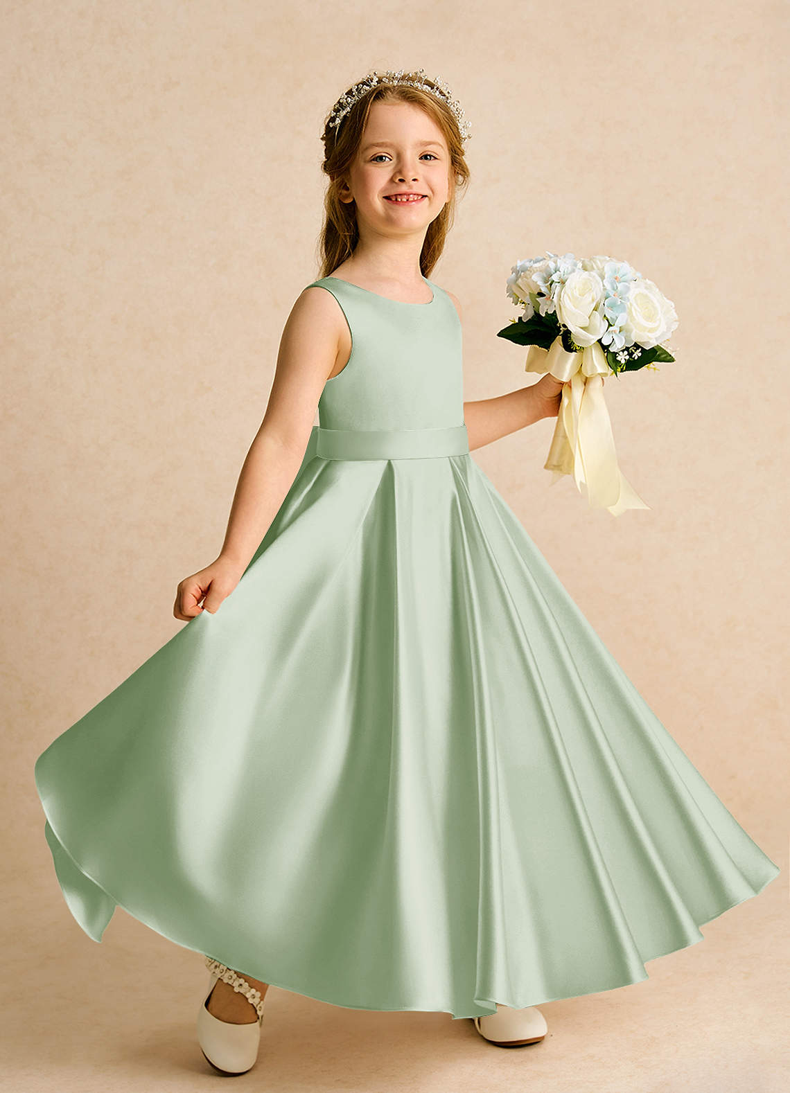 Azazie Cherry Flower Girl Dresses Dusty Sage Dusty Sage Ball-Gown Pleated Matte Satin Dress image2