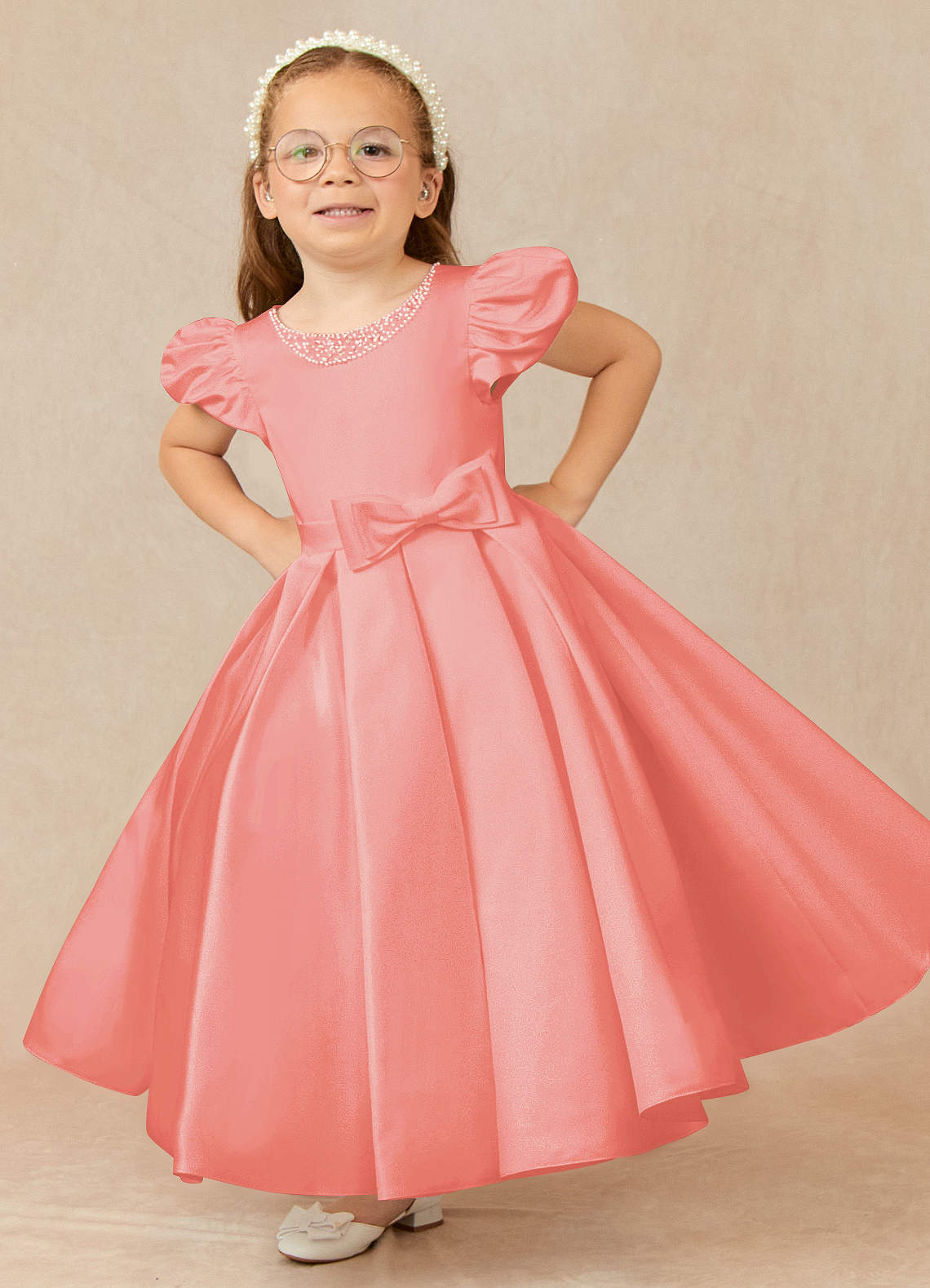 Azazie Jewel vestidos de niña de las flores Vestido de Coral de Satin Mate de Princesa con Plisado image1