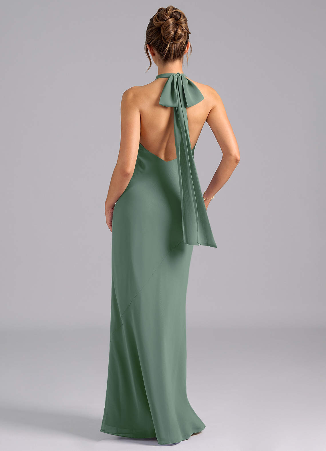 Azazie Velli Vestidos de damas de honor Vestido de Eucalipto de Gasa de Corte Sirena con Cuello Alto image1