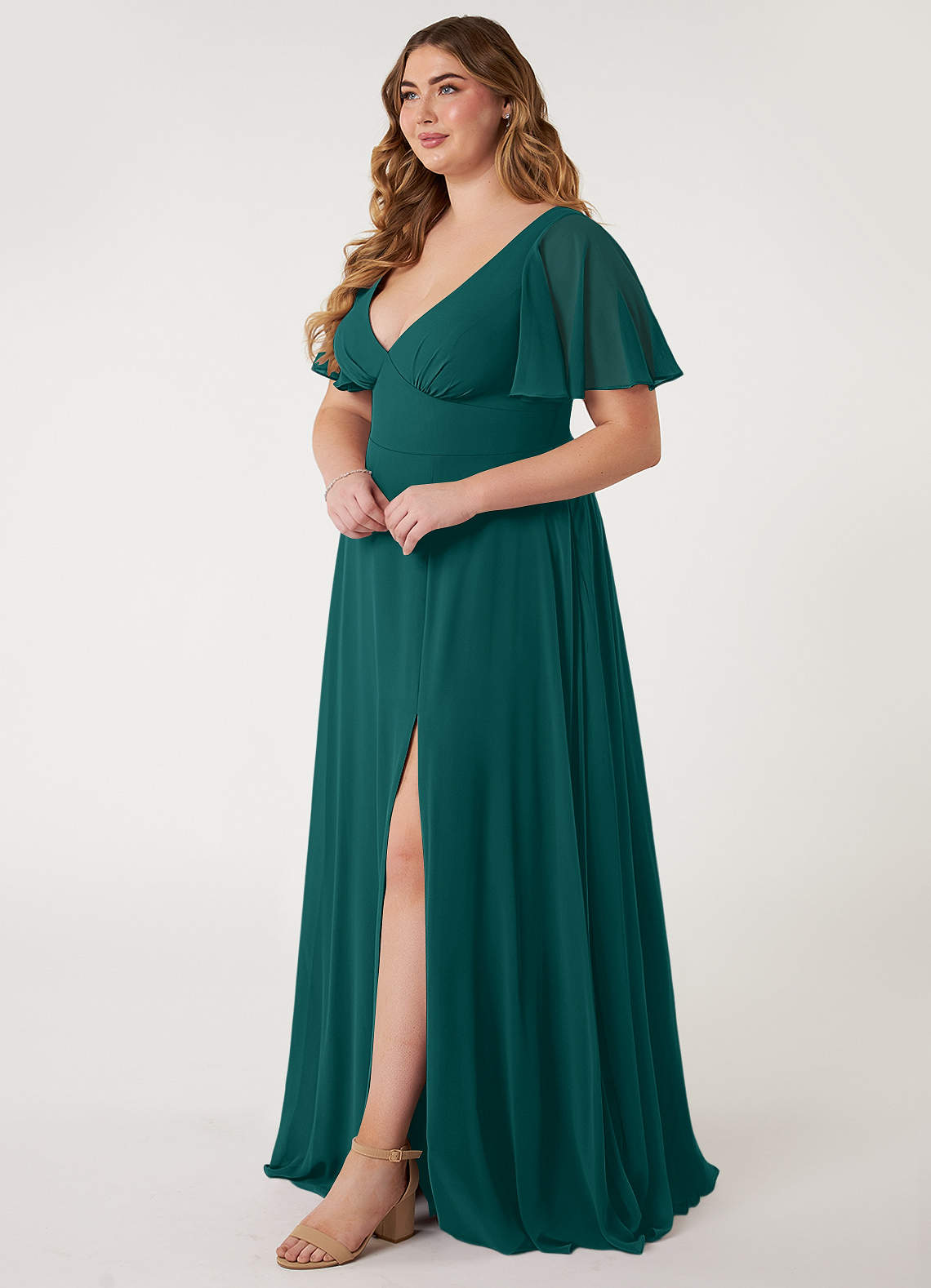 Azazie Kimber Robes de demoiselle d'honneur Robe Trapèze en Mousseline de soie Manches à volants Paon image1