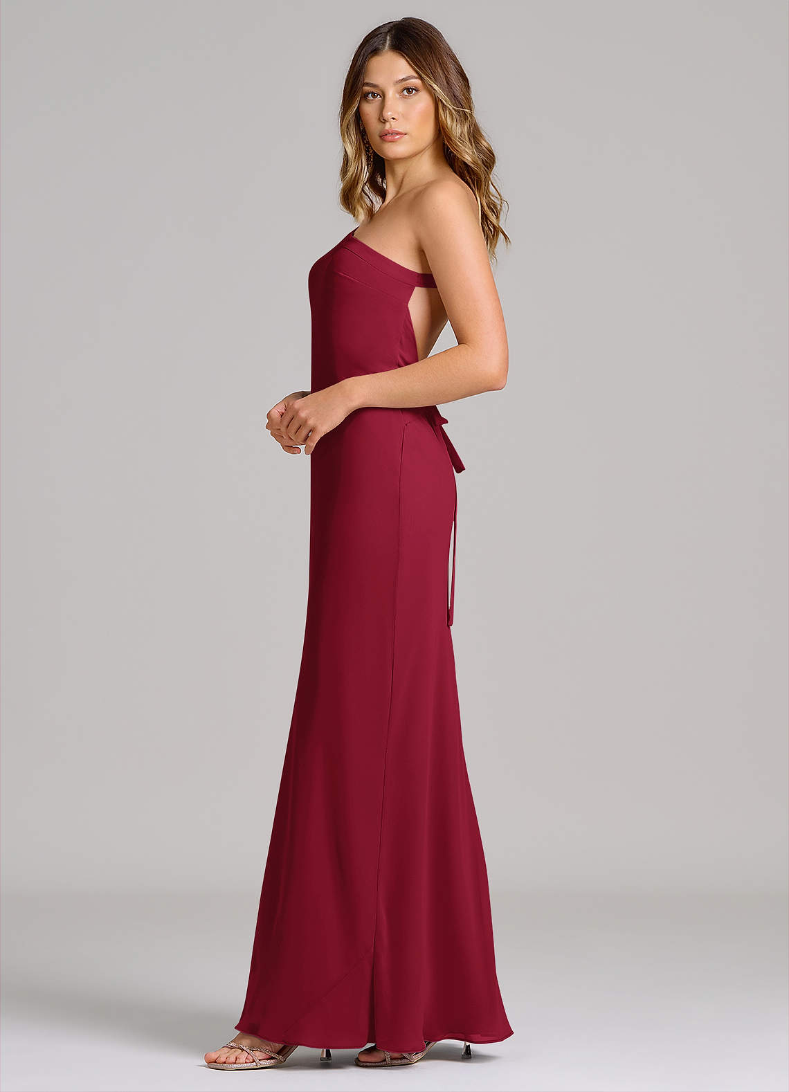 red one shoulder chiffon dress KissProm