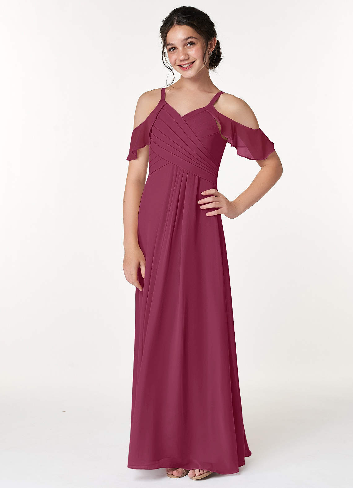 Azazie Dakota A-Line Off the Shoulder Chiffon Floor-Length Junior Bridesmaid Dress image1