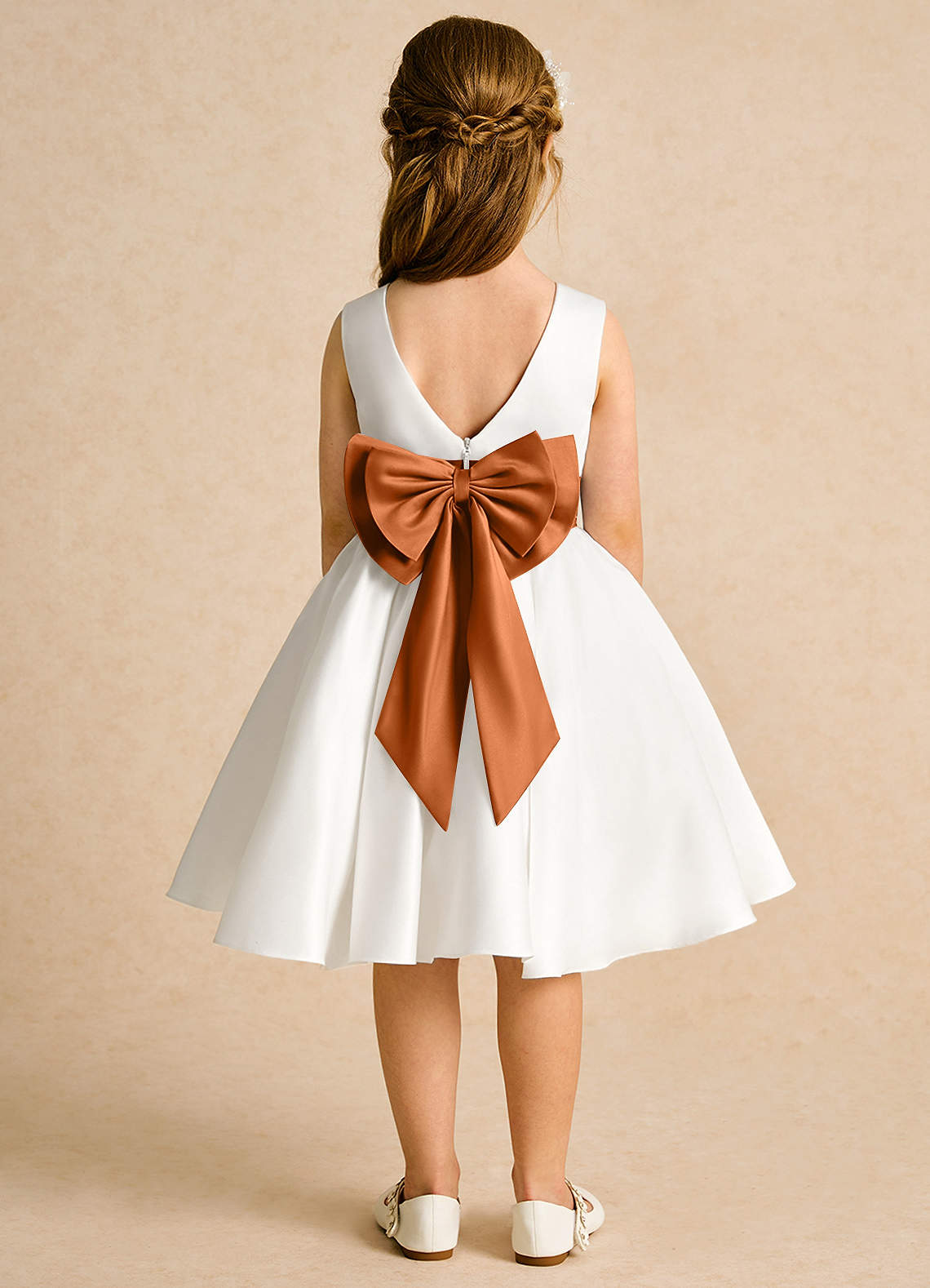 Azazie Sosie Flower Girl Dresses Ivory Copper A-Line Pleated Matte Satin Dress image1