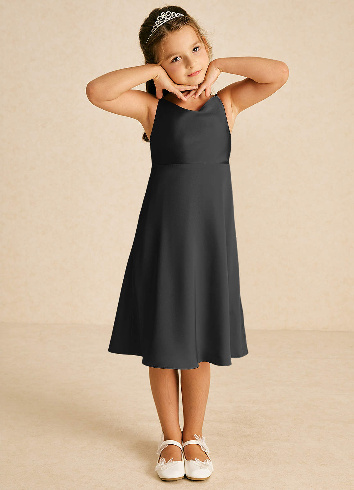 Azazie Zuzu Flower Girl Dresses Black A-Line Spaghetti Strap Stretch Satin Dress image1