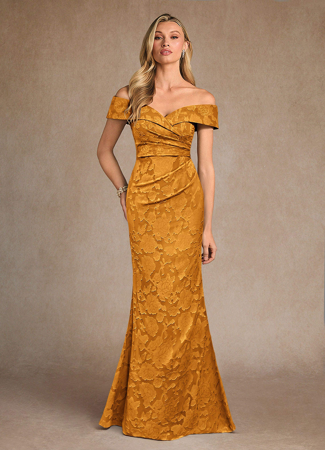 Azazie Canton Mother of the Bride Dresses Butterscotch Mermaid Off the Shoulder Floral Burnout Dress image1