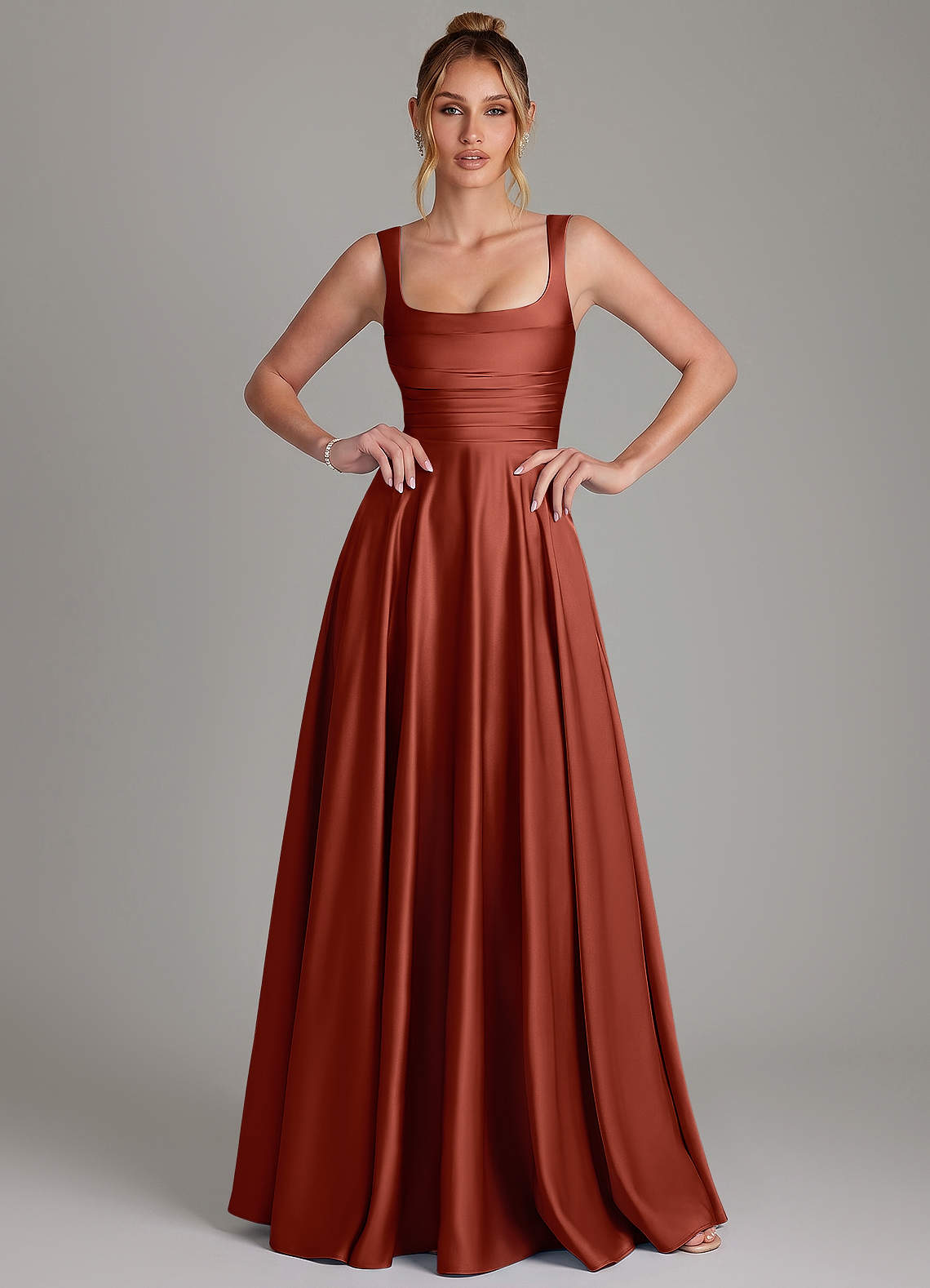 Azazie Azaria Terracotta Stretch Satin Bridesmaid Dresses | Azazie