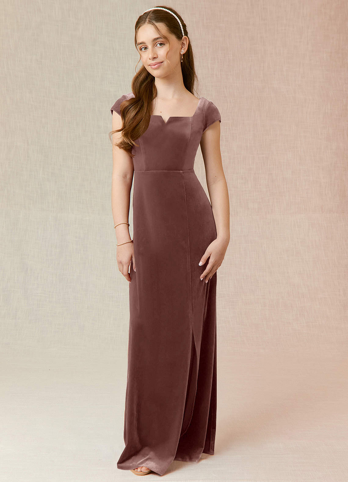 Azazie Gabi Junior A-Linie Samt Kleid Rustikales Rosa image1