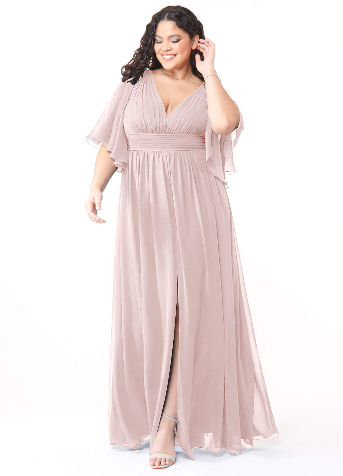 Azazie Temeka Robes de demoiselle d'honneur Robe Trapèze en Mousseline de soie Rayé Rose Pâle image1