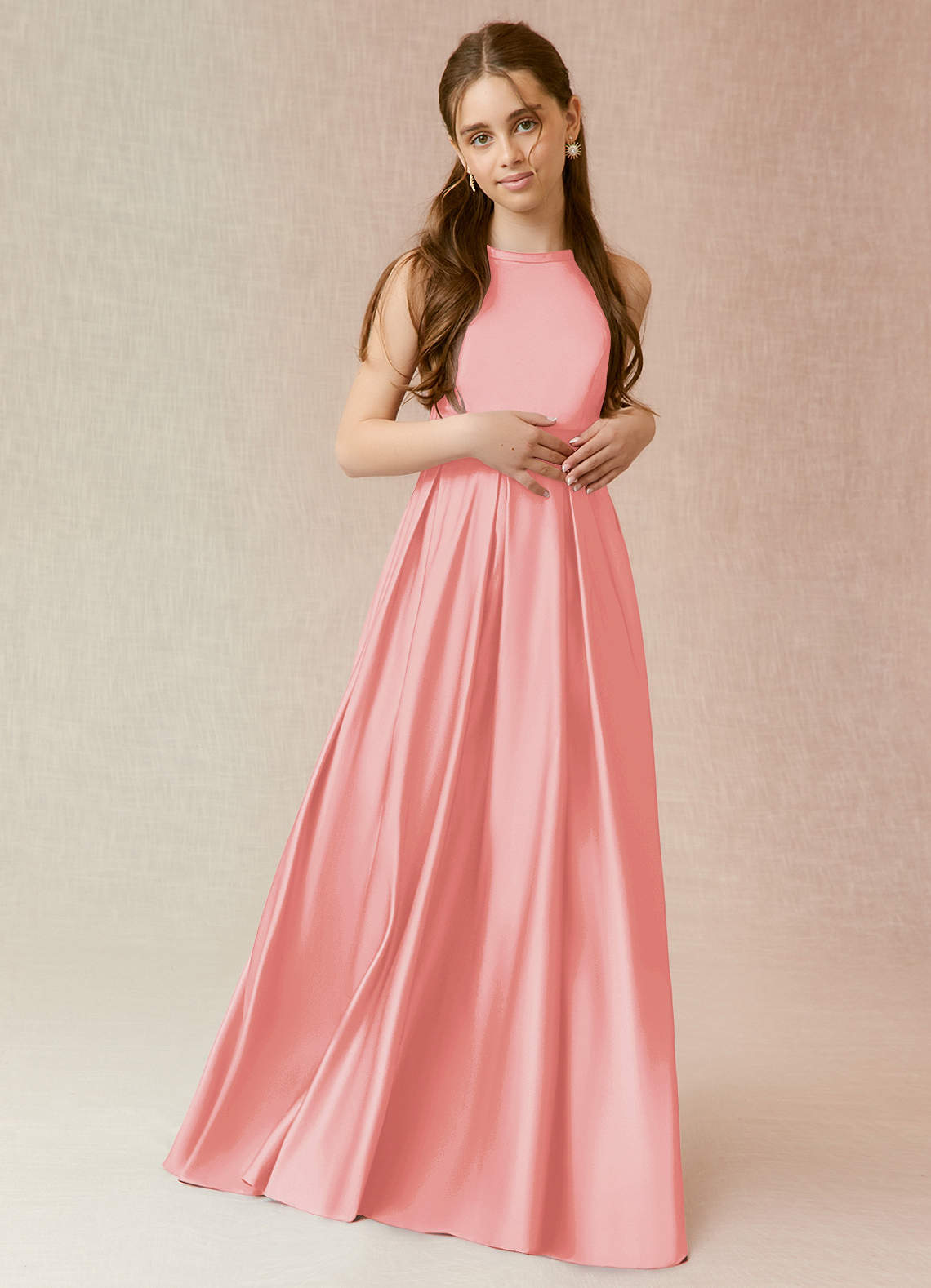 Azazie Arianthe Junior Coral A-Line with Pockets Matte Satin Dress image1