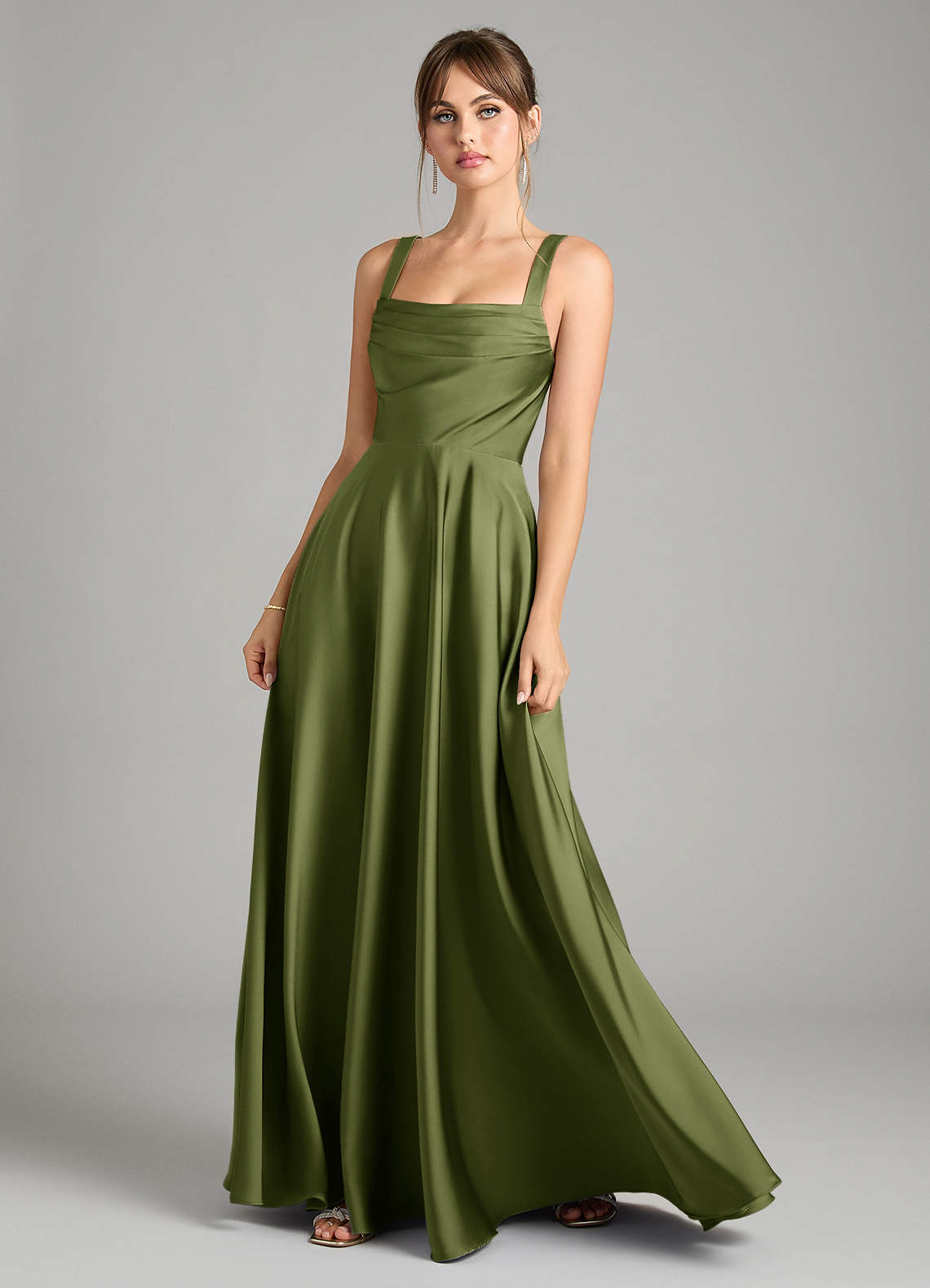 Azazie Shaude Bridesmaid Dresses Olive A-Line Pleated Stretch Satin Dress image1