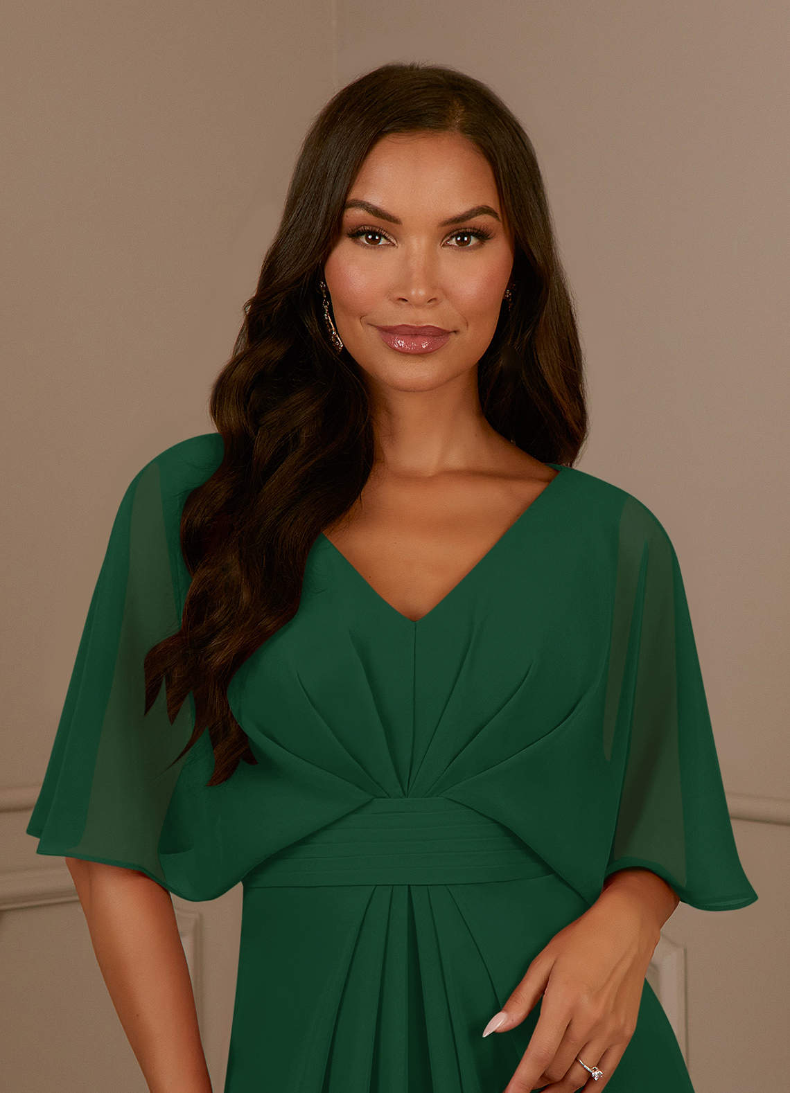 Azazie Oksana Dark Green A-Line V-Neck Pleated Chiffon Dress | Azazie
