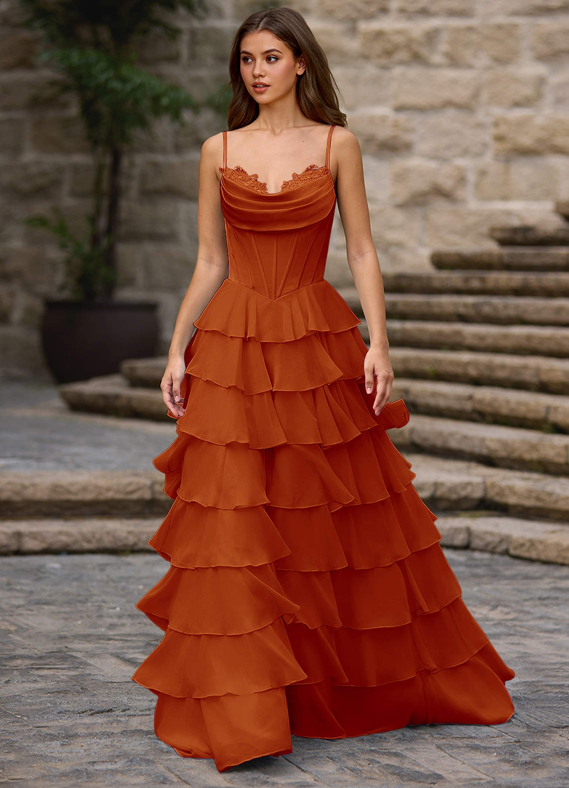 paprika red dress Azazie 2026 Corset Ruffles A-Line Prom Dress Paprika Gown