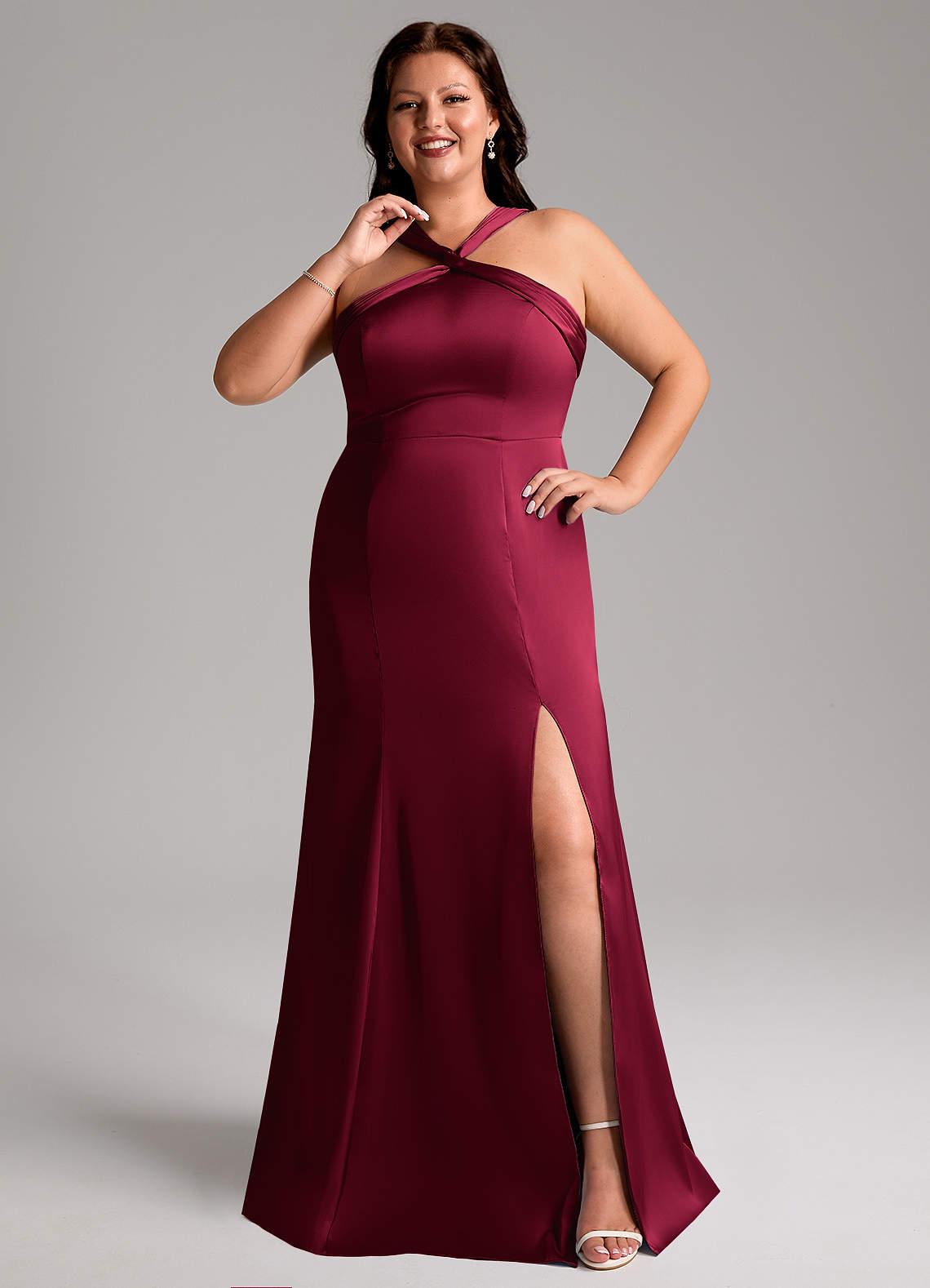 Azazie Rue Bridesmaid Dresses Burgundy A-Line Pleated Stretch Satin Dress image1