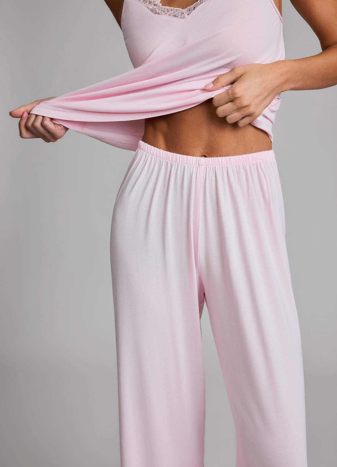 front Soft Rayon Lace Trim Cami & Wide-Leg Pants Pajama Set