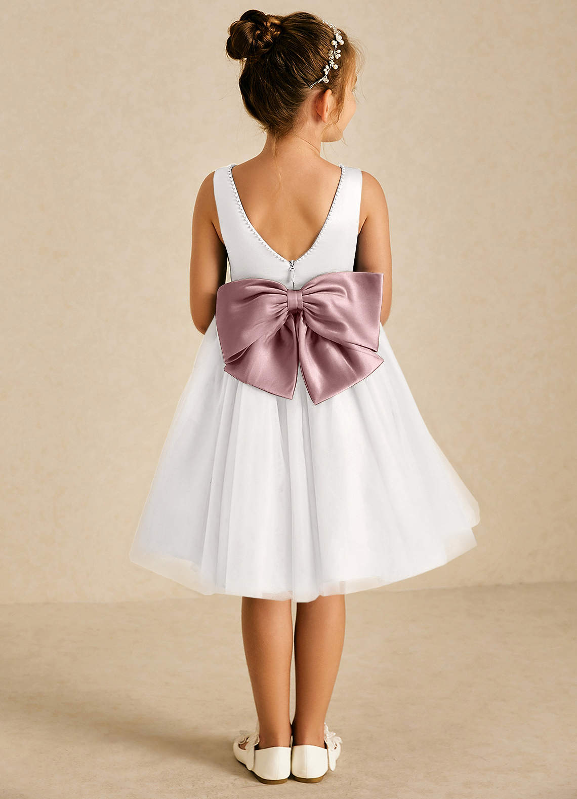 Azazie Seline Flower Girl Dresses Ivory Dusty Rose A-Line Bow Tulle Dress image1