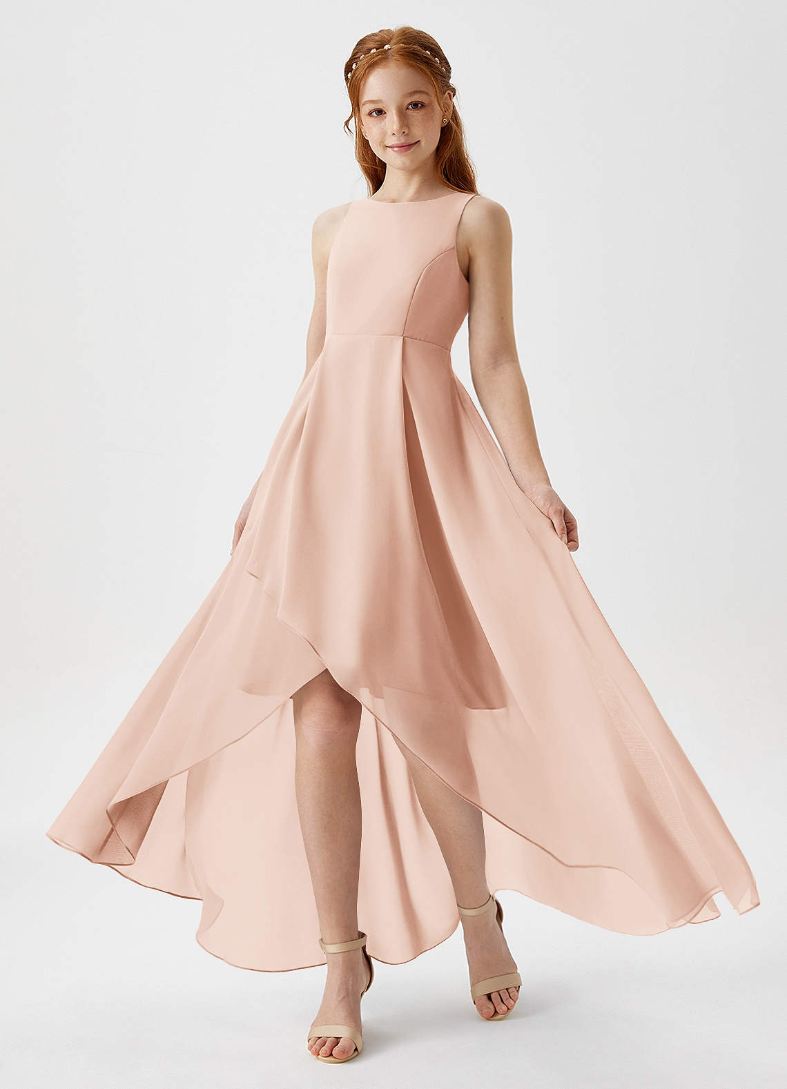 Azazie Lizette Junior Vestido de Rosa Inglesa de Gasa de Corte en A con Plisado image1