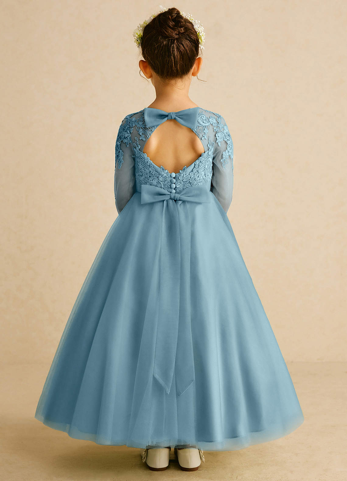 Azazie Precious Flower Girl Dresses Moody Blue A-Line Lace Tulle Dress image1
