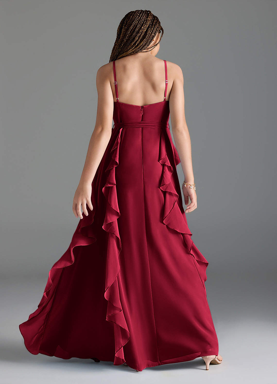 Azazie Peyton Junior Burgundy A-Line V-Neck Cascading Ruffles Chiffon Dress image4