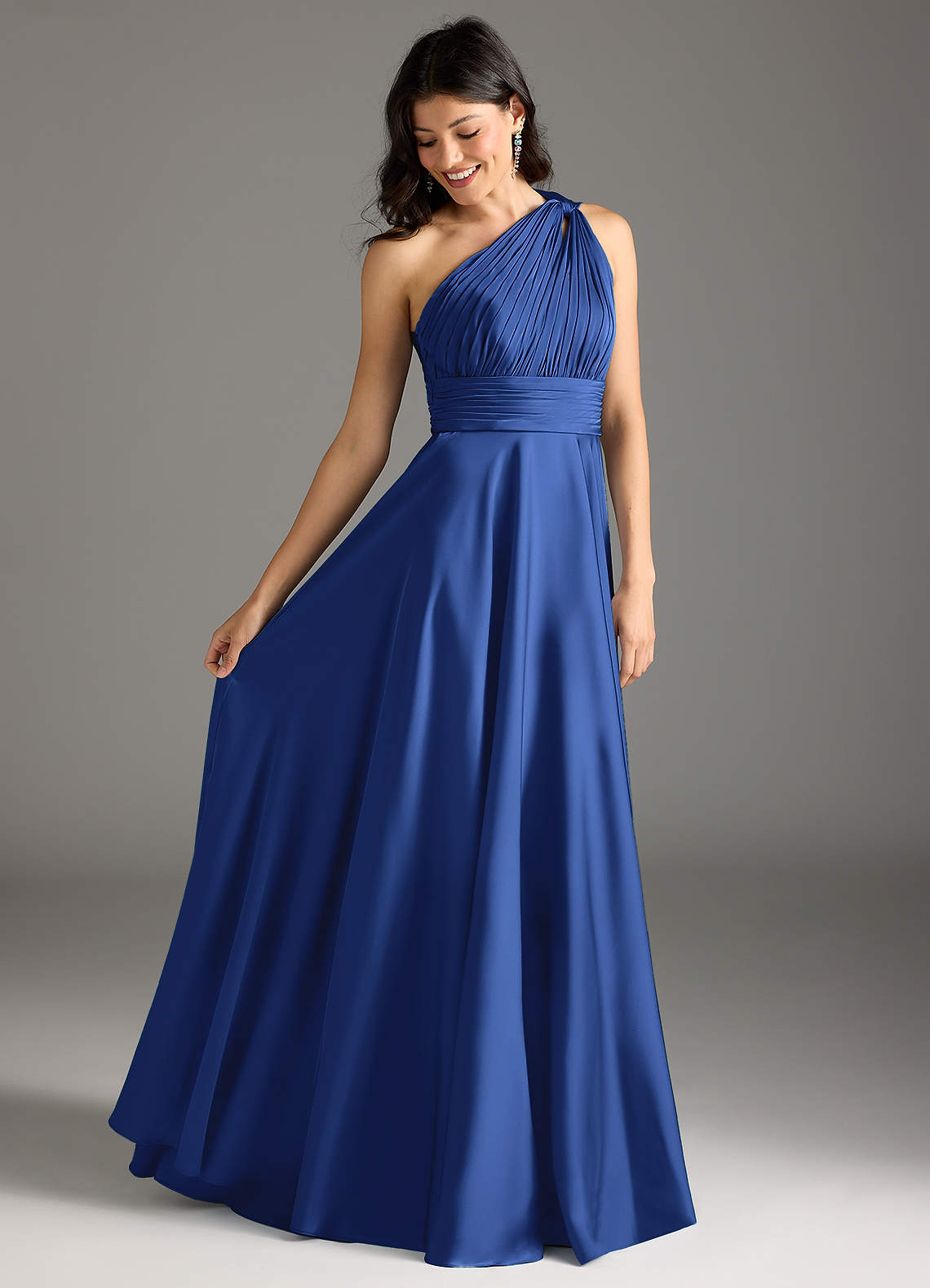 Azazie Charlize Vestidos de damas de honor Vestido de Azul Real de Satén Elástico de Corte en A con Hombro unilateral image1
