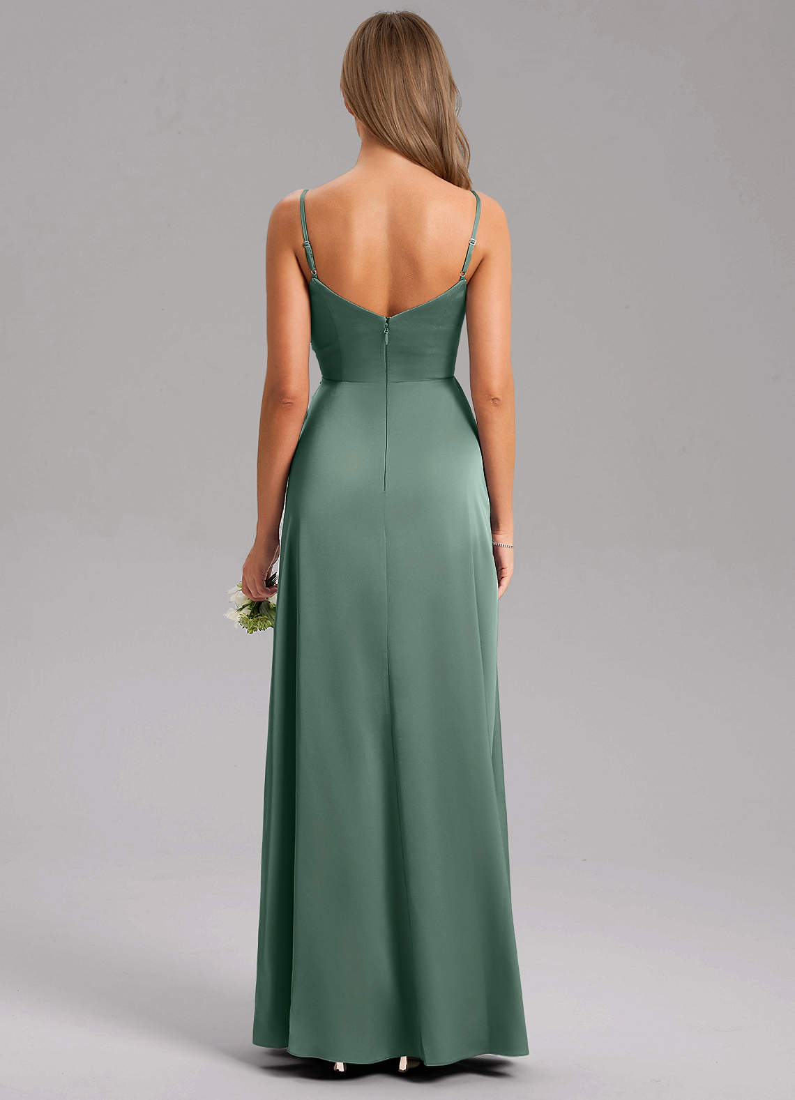 Azazie Azuree Vestidos de madrinha de casamento Vestido Eucalipto de Cetim elástico de Linha A com Plissado image7