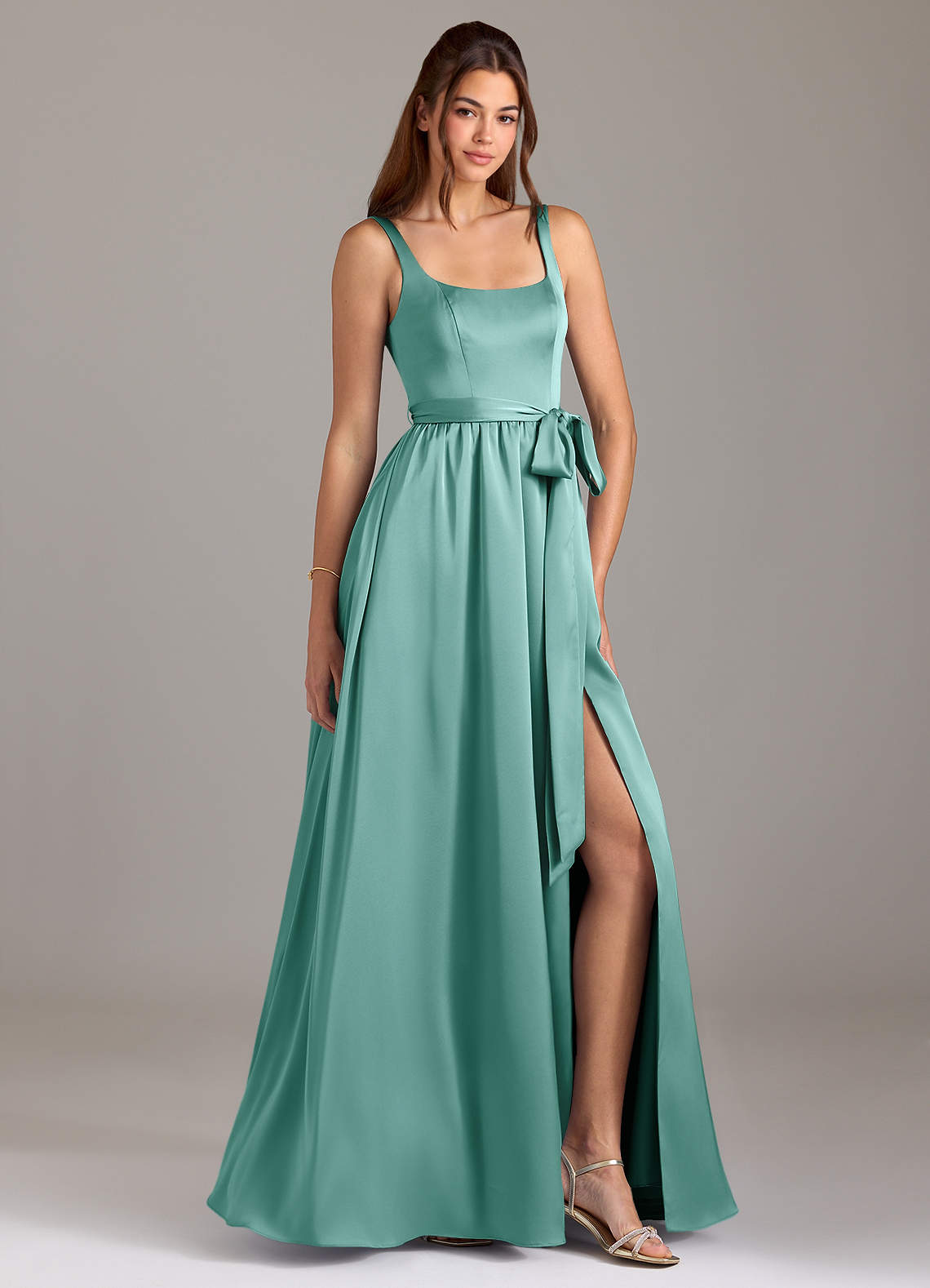 Azazie Elliott Bridesmaid Dresses Aqua A-Line with Pockets Stretch Satin Dress image1