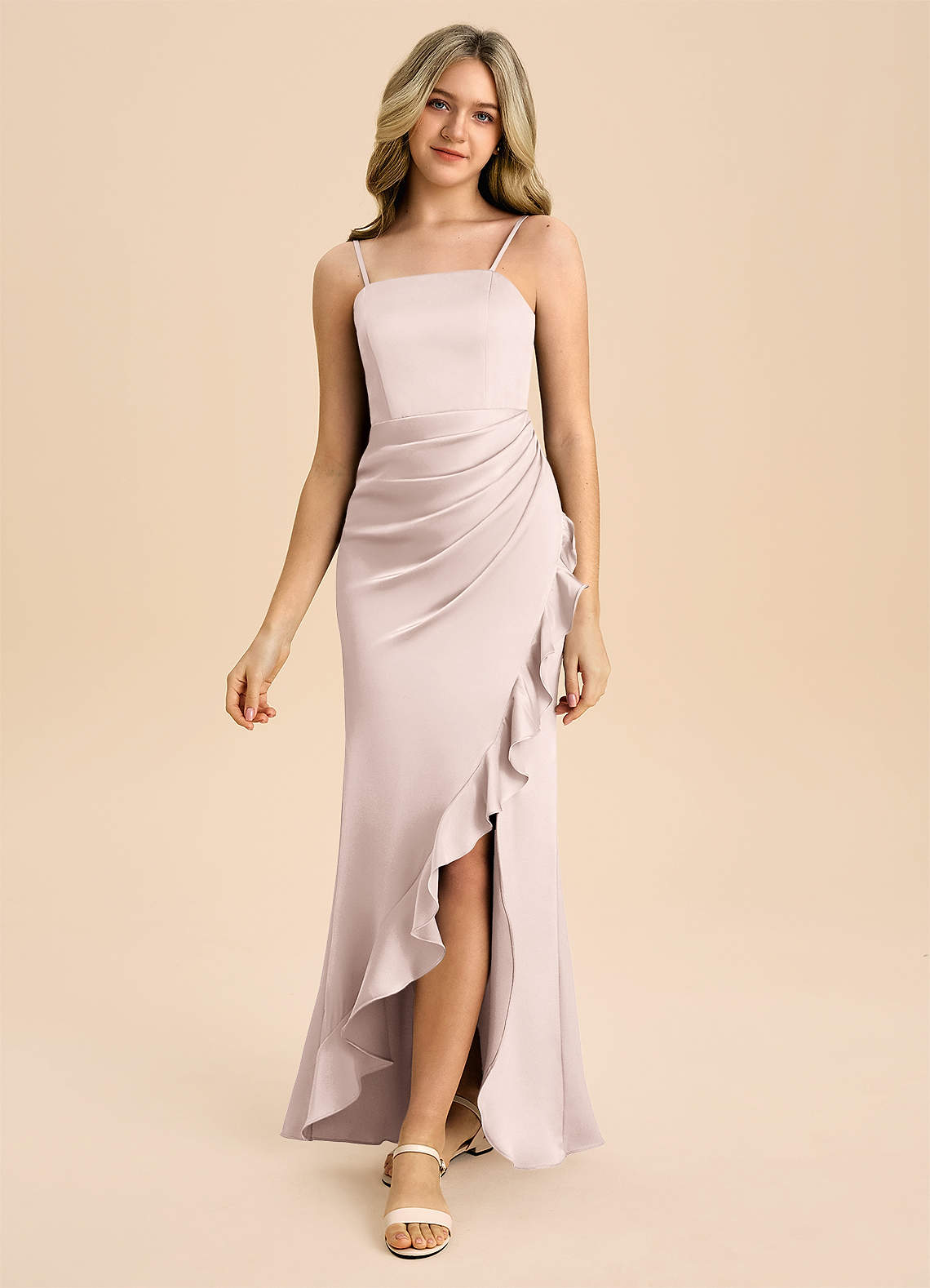 Azazie Buzzy Junior Jurk van Stretch Satijn met Kolom Geplooid Blozend Roze image4