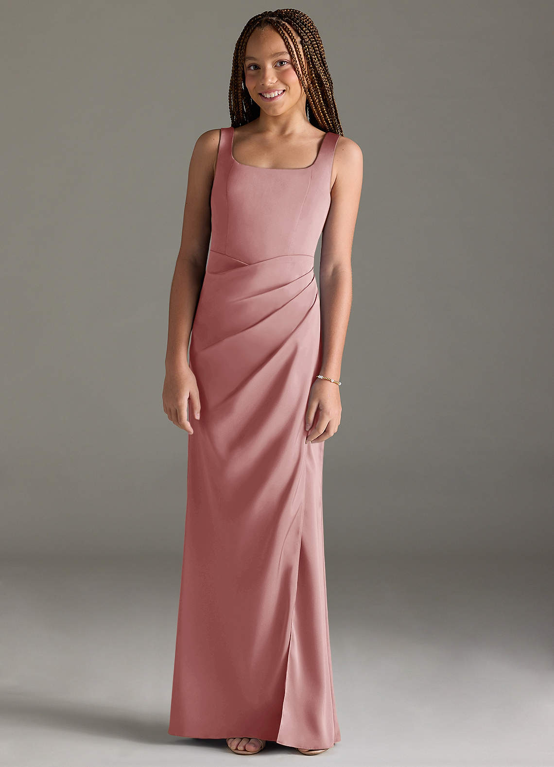 Azazie Mero Junior Vestido de Rosa Polvorienta de Satén Elástico de Sirena con Plisado image1