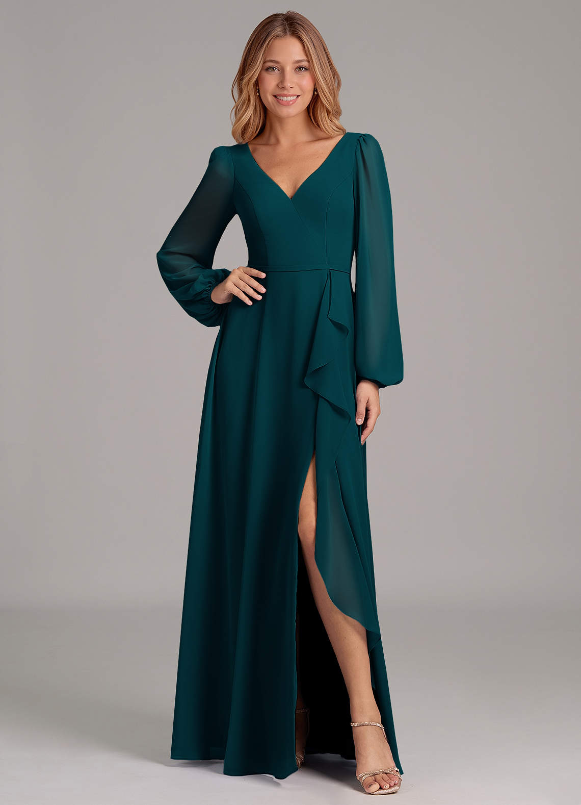 Azazie Simone Bridesmaid Dresses Pine A-Line Long Sleeve Chiffon Dress image1