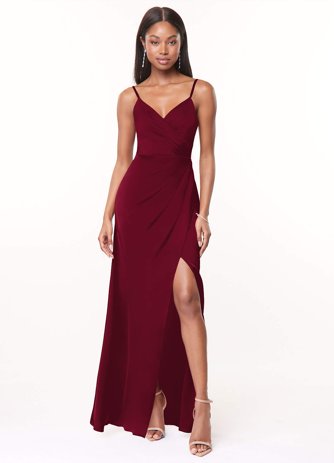 Maci Merlot A-Line V-Neck Pleated Maxi Satin Dress image1