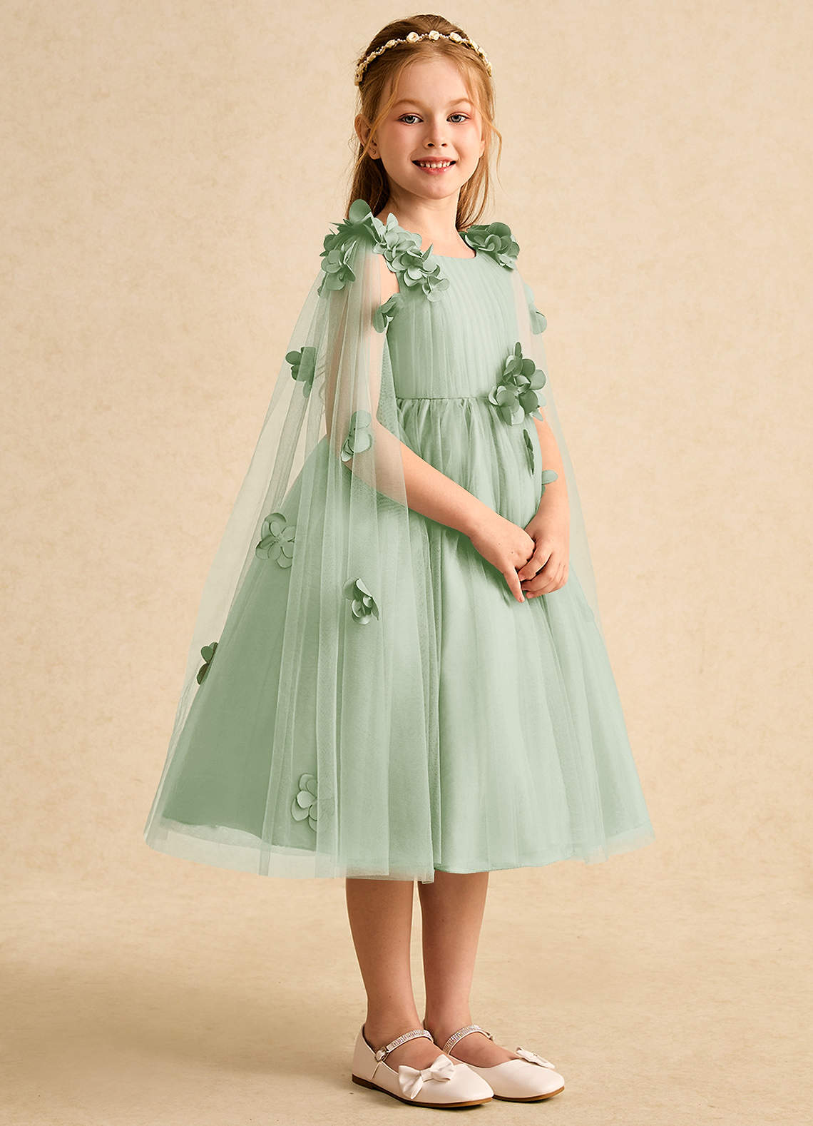 Azazie Staria Flower Girl Dresses Dusty Sage Ball-Gown Ruched Tulle Dress image7